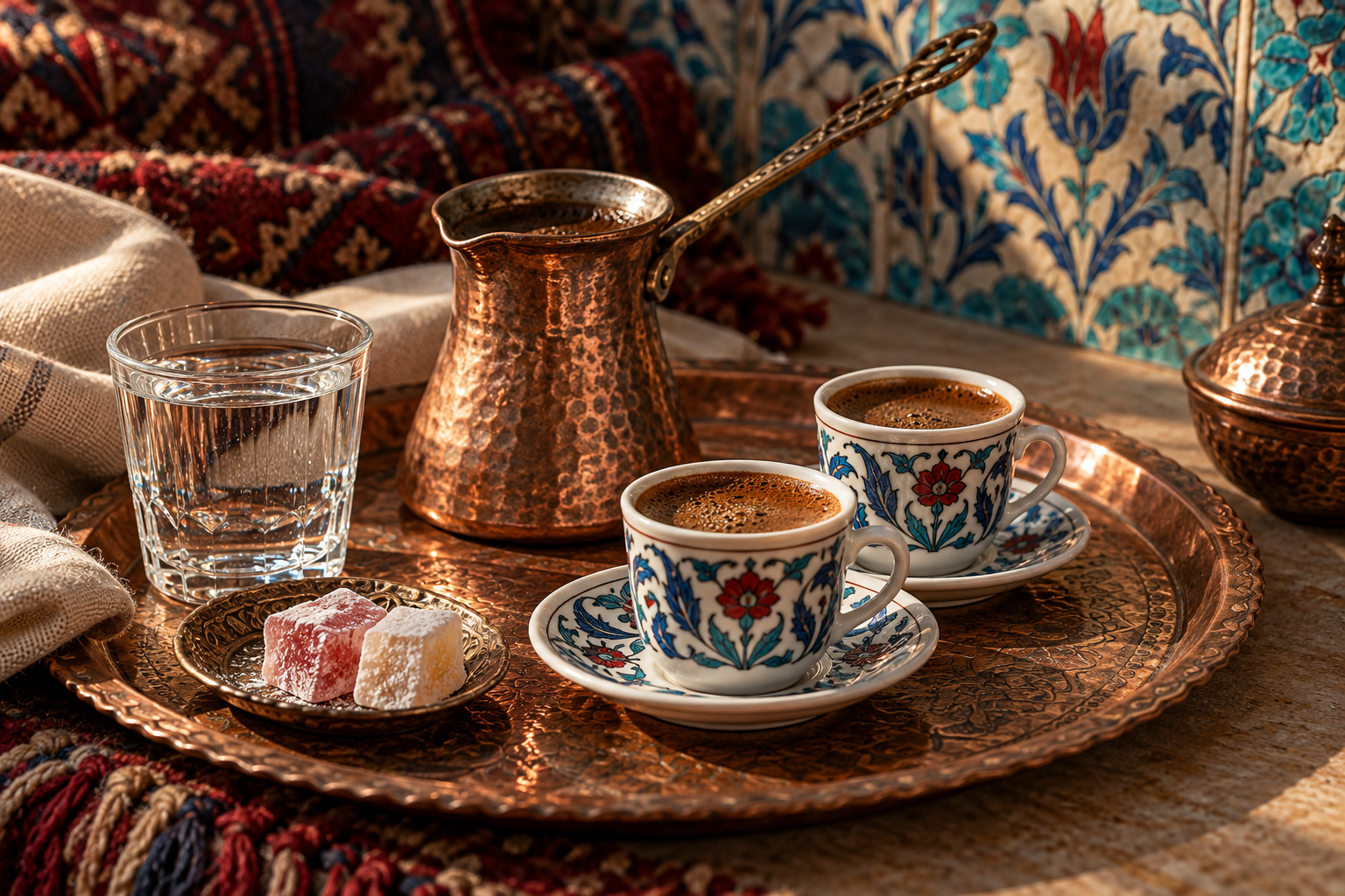 Bakır cezve ve çini fincanlarla temsili Anadolu kahve sofrası